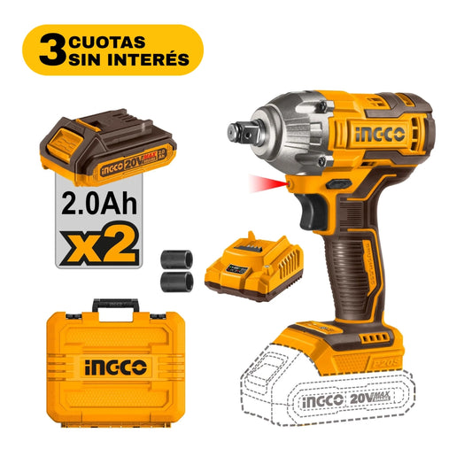LLAVE DE IMPACTO INGCO 20V + 2 BAT + CARGADOR + MALETIN