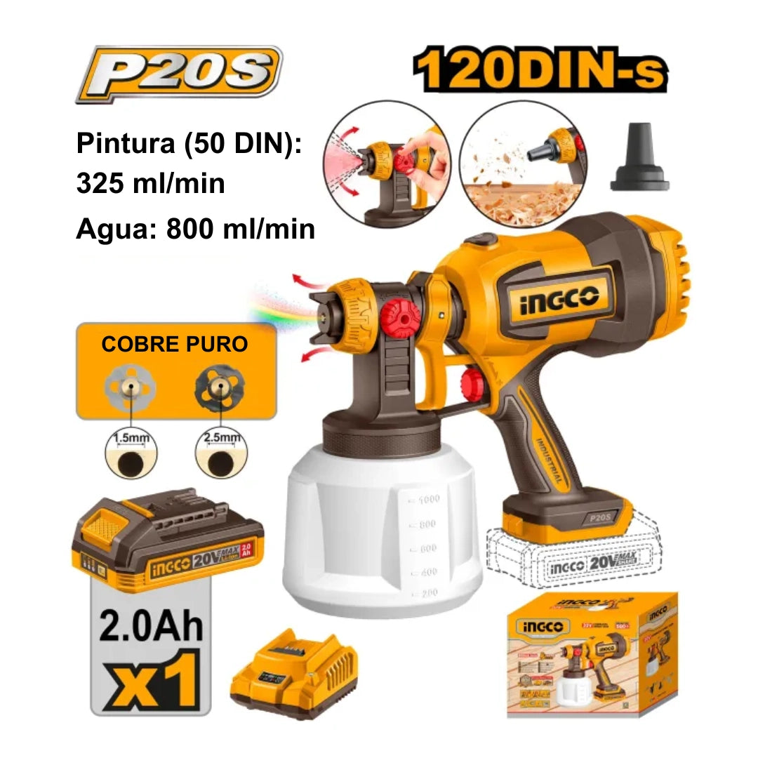 PISTOLA PARA PINTAR INALÁMBRICA INGCO 20V + ACCESORIOS