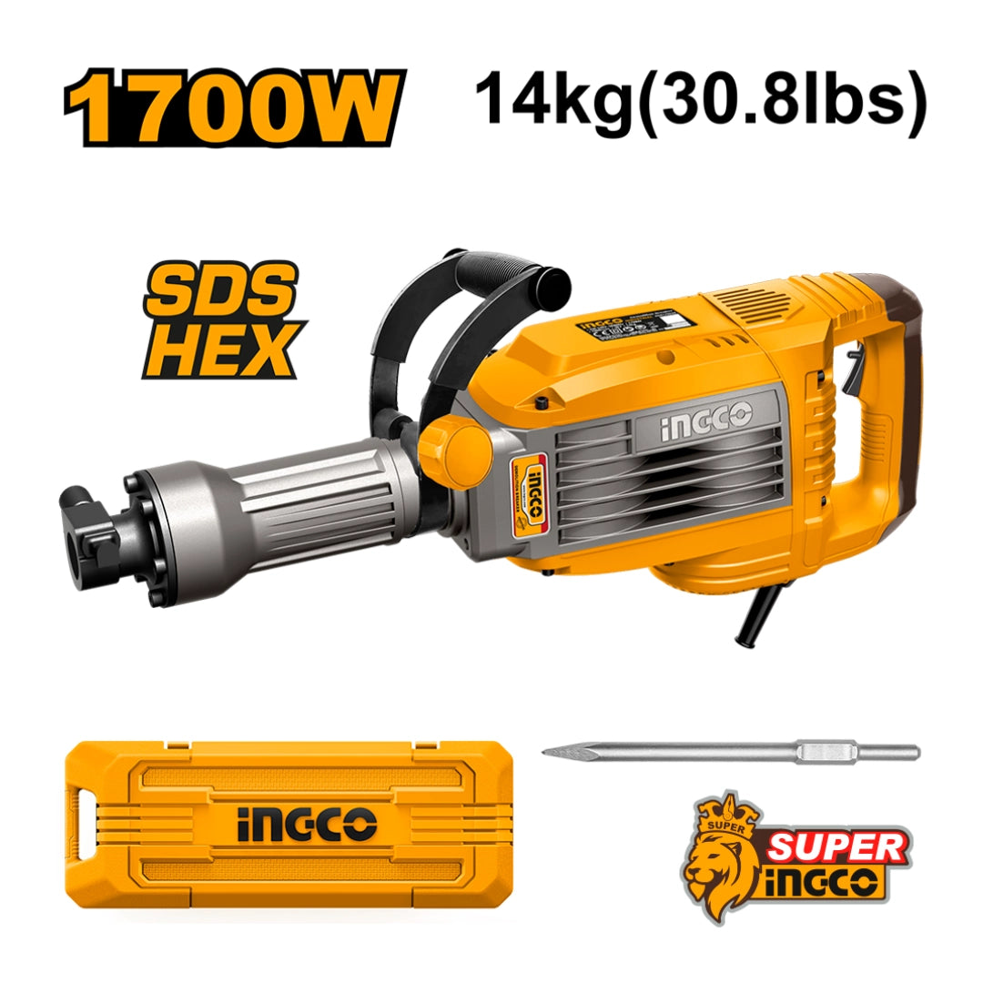MARTILLO DEMOLEDOR INGCO 1700W – 50 J (14 kg) SDS-HEX + MALETÍN Y CINCELES