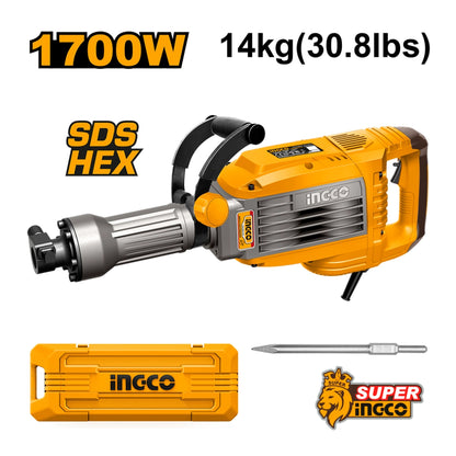 MARTILLO DEMOLEDOR INGCO 1700W – 50 J (14 kg) SDS-HEX + MALETÍN Y CINCELES