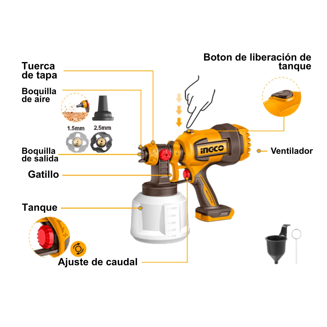 PISTOLA PARA PINTAR INALÁMBRICA INGCO 20V + ACCESORIOS