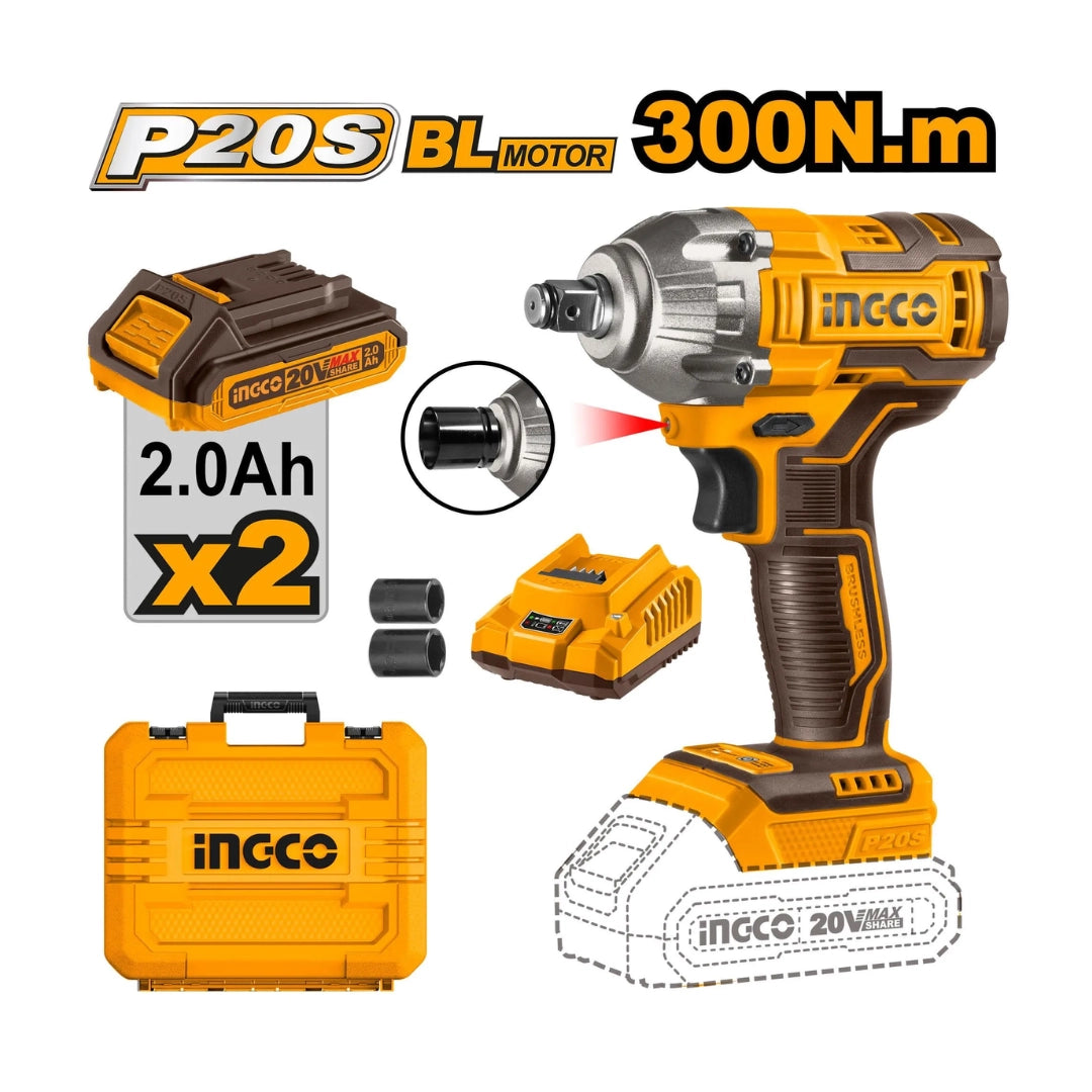 LLAVE DE IMPACTO INGCO 20V + 2 BAT + CARGADOR + MALETIN